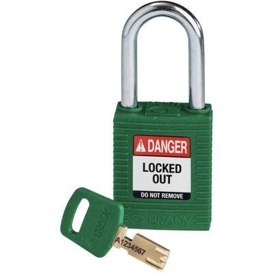 Brady, Vorhängeschloss, Safekey Nylon-Sicherheitsschloss mit Stahlbügel, Grün, 38 mm Bügelhöhe, 6.4 mm Bügeldurchmes Brady, Vorhängeschloss, Safekey Nylon-Sicherheitsschloss mit Stahlbügel, Grün, 38 mm Bügelhöhe, 6.4 mm Bügeldurchmes