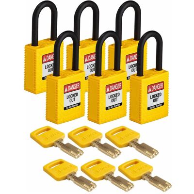 Brady, Vorhängeschloss, Safekey Nylon-Sicherheitsschloss mit Nylonbügel, Gelb, 38 mm Bügelhöhe, 6.4 mm Bügeldurchmes Brady, Vorhängeschloss, Safekey Nylon-Sicherheitsschloss mit Nylonbügel, Gelb, 38 mm Bügelhöhe, 6.4 mm Bügeldurchmes