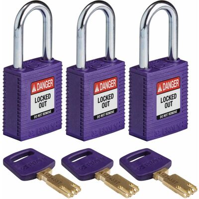 Brady, Vorhängeschloss, Safekey Nylon-Sicherheitsschloss mit Stahlbügel, Violett, 38 mm Bügelhöhe, 6.4 mm Bügeldurch Brady, Vorhängeschloss, Safekey Nylon-Sicherheitsschloss mit Stahlbügel, Violett, 38 mm Bügelhöhe, 6.4 mm Bügeldurch
