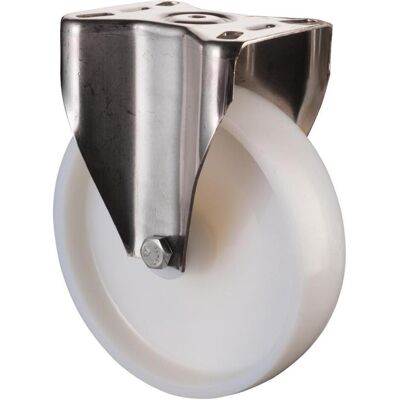 BS Edelstahl Bockrolle - 80mm - 100kg Tragkraft - Weiß Kunststoff Rad - L95xB80 mm BS Edelstahl Bockrolle - 80mm - 100kg Tragkraft - Weiß Kunststoff Rad - L95xB80 mm
