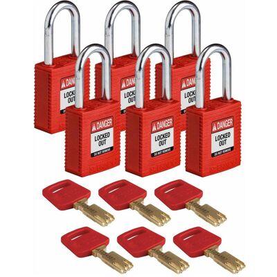 Brady, Vorhängeschloss, Safekey Nylon-Sicherheitsschloss mit Stahlbügel, Rot, 38 mm Bügelhöhe, 6.4 mm Bügeldurchmess Brady, Vorhängeschloss, Safekey Nylon-Sicherheitsschloss mit Stahlbügel, Rot, 38 mm Bügelhöhe, 6.4 mm Bügeldurchmess