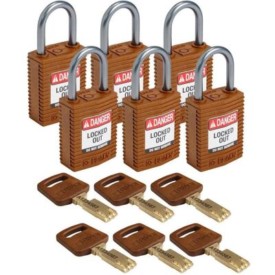 Brady, Vorhängeschloss, Safekey Kompaktes Nylon-Sicherheitsschloss mit Aluminiumbügel, Braun, 25 mm Bügelhöhe, 4.7 m Brady, Vorhängeschloss, Safekey Kompaktes Nylon-Sicherheitsschloss mit Aluminiumbügel, Braun, 25 mm Bügelhöhe, 4.7 m