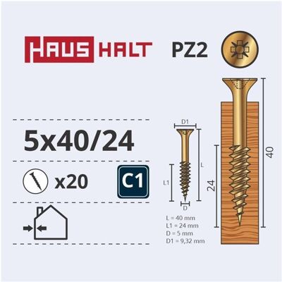 Dübel, CHIPBOARD SCREW 5.0X40/24 YLW ZP20PCS G1 (20 Stk.) Dübel, CHIPBOARD SCREW 5.0X40/24 YLW ZP20PCS G1 (20 Stk.)
