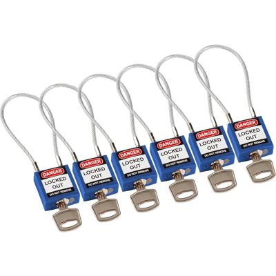 Brady, Vorhängeschloss, kompaktes Sicherheitsschloss Nylon mit Kabelbügel, Blau, 200mm Kabellänge, 4,7mm PVC-beschic Brady, Vorhängeschloss, kompaktes Sicherheitsschloss Nylon mit Kabelbügel, Blau, 200mm Kabellänge, 4,7mm PVC-beschic