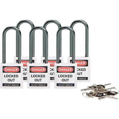 Brady, Vorhängeschloss, kompaktes Sicherheitsschloss Nylon, Weiss, 50mm Bügelhöhe, 4,7mm Aluminium-Schliessbügel (Keye Brady, Vorhängeschloss, kompaktes Sicherheitsschloss Nylon, Weiss, 50mm Bügelhöhe, 4,7mm Aluminium-Schliessbügel (Keye