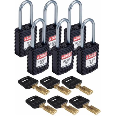 Brady, Vorhängeschloss, Safekey Kompaktes Nylon-Sicherheitsschloss mit Aluminiumbügel, Schwarz, 38 mm Bügelhöhe, 4.7 Brady, Vorhängeschloss, Safekey Kompaktes Nylon-Sicherheitsschloss mit Aluminiumbügel, Schwarz, 38 mm Bügelhöhe, 4.7