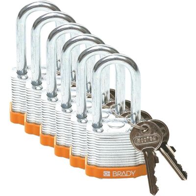 Brady, Vorhängeschloss, laminiertes Stahlvorhängeschloss, Orange, Stahlbügel, 38 mm Bügelhöhe, Bügeldurchmesser 7 mm Brady, Vorhängeschloss, laminiertes Stahlvorhängeschloss, Orange, Stahlbügel, 38 mm Bügelhöhe, Bügeldurchmesser 7 mm