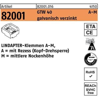 Lindapter, Zubehör Befestigungstechnik, Klemmen R 82001 GTW 40 MM 8 / 4,0 galvanisch verzinkt Lindapter, Zubehör Befestigungstechnik, Klemmen R 82001 GTW 40 MM 8 / 4,0 galvanisch verzinkt