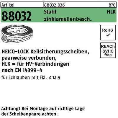 Heico, Muttern + Unterlegscheiben, Keilsicherungsscheibe R 88032 HLK-12 Stahl zinklamellenbesch. geklebt Heico, Muttern + Unterlegscheiben, Keilsicherungsscheibe R 88032 HLK-12 Stahl zinklamellenbesch. geklebt