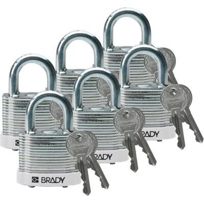 Brady, Vorhängeschloss, laminiertes Stahlvorhängeschloss, White, Stahlbügel, 20 mm Bügelhöhe, Bügeldurchmesser 7 mm Brady, Vorhängeschloss, laminiertes Stahlvorhängeschloss, White, Stahlbügel, 20 mm Bügelhöhe, Bügeldurchmesser 7 mm