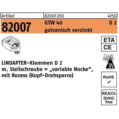 Lindapter, Zubehör Befestigungstechnik, Klemmen R 82007 GTW 40 D2 M 16 / 13 - 20 galvanisch verzinkt Lindapter, Zubehör Befestigungstechnik, Klemmen R 82007 GTW 40 D2 M 16 / 13 - 20 galvanisch verzinkt
