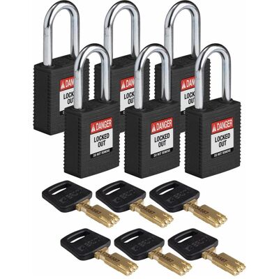 Brady, Vorhängeschloss, Safekey Nylon-Sicherheitsschloss mit Stahlbügel, Schwarz, 38 mm Bügelhöhe, 6.4 mm Bügeldurch Brady, Vorhängeschloss, Safekey Nylon-Sicherheitsschloss mit Stahlbügel, Schwarz, 38 mm Bügelhöhe, 6.4 mm Bügeldurch
