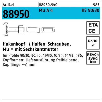 Halfen, Schrauben, Hammerkopfschraube R 88950 Typ 50/30 6-kantmutter M 16 x 40 Mu A 4 (10 Schrauben pro Stück) Halfen, Schrauben, Hammerkopfschraube R 88950 Typ 50/30 6-kantmutter M 16 x 40 Mu A 4 (10 Schrauben pro Stück)