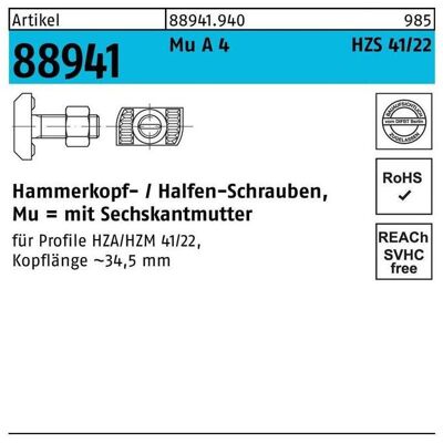 Halfen, Muttern + Unterlegscheiben, Hammerkopfschraube R 88941 Typ HZS41/22 6-kantmutter M 16 x 50 Mu A 4 (M16) Halfen, Muttern + Unterlegscheiben, Hammerkopfschraube R 88941 Typ HZS41/22 6-kantmutter M 16 x 50 Mu A 4 (M16)
