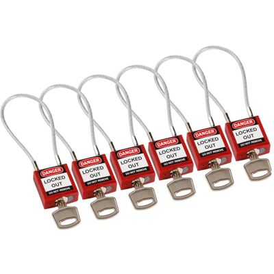 Brady, Vorhängeschloss, kompaktes Sicherheitsschloss Nylon mit Kabelbügel, Rot, 200mm Kabellänge, 4,7mm PVC-beschich Brady, Vorhängeschloss, kompaktes Sicherheitsschloss Nylon mit Kabelbügel, Rot, 200mm Kabellänge, 4,7mm PVC-beschich