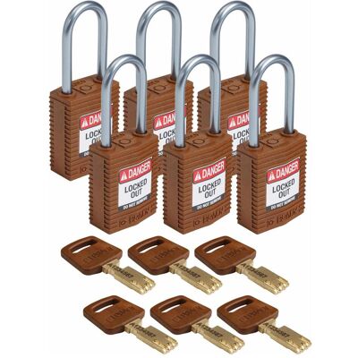 Brady, Vorhängeschloss, Safekey Kompaktes Nylon-Sicherheitsschloss mit Aluminiumbügel, Braun, 38 mm Bügelhöhe, 4.7 m Brady, Vorhängeschloss, Safekey Kompaktes Nylon-Sicherheitsschloss mit Aluminiumbügel, Braun, 38 mm Bügelhöhe, 4.7 m