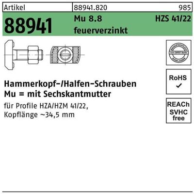 Halfen, Muttern + Unterlegscheiben, Hammerkopfschraube R 88941 Typ HZS41/22 6-kantmutter M 12 x 50 Mu 8.8 feuerverzinkt (M12) Halfen, Muttern + Unterlegscheiben, Hammerkopfschraube R 88941 Typ HZS41/22 6-kantmutter M 12 x 50 Mu 8.8 feuerverzinkt (M12)