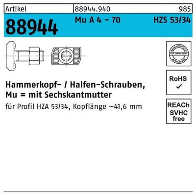 Halfen, Schrauben, Hammerkopfschraube R 88944 6-kantmutter M 20 x 65 Mu A 4 - 70 (25 Schrauben pro Stück) Halfen, Schrauben, Hammerkopfschraube R 88944 6-kantmutter M 20 x 65 Mu A 4 - 70 (25 Schrauben pro Stück)