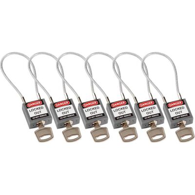 Brady, Vorhängeschloss, kompaktes Sicherheitsschloss Nylon mit Kabelbügel, Grau, 200mm Kabellänge, 4,7mm PVC-beschic Brady, Vorhängeschloss, kompaktes Sicherheitsschloss Nylon mit Kabelbügel, Grau, 200mm Kabellänge, 4,7mm PVC-beschic