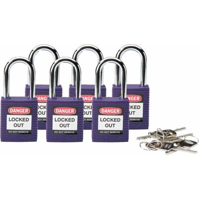 Brady, Vorhängeschloss, Standard Sicherheitsschloss mit Stahlbügel, Violett, 38mm Bügelhöhe, 6,5mm Bügeldurchmesser Brady, Vorhängeschloss, Standard Sicherheitsschloss mit Stahlbügel, Violett, 38mm Bügelhöhe, 6,5mm Bügeldurchmesser