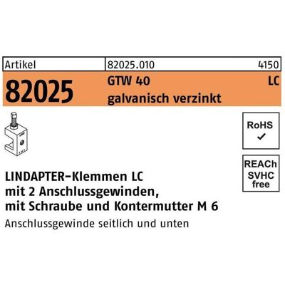 Lindapter, Zubehör Befestigungstechnik, Klemme R 82024 GTW 40 LC M 8 galvanisch verzinkt Lindapter, Zubehör Befestigungstechnik, Klemme R 82024 GTW 40 LC M 8 galvanisch verzinkt