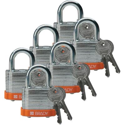 Brady, Vorhängeschloss, laminiertes Stahlvorhängeschloss, Orange, Stahlbügel, 20 mm Bügelhöhe, Bügeldurchmesser 7 mm Brady, Vorhängeschloss, laminiertes Stahlvorhängeschloss, Orange, Stahlbügel, 20 mm Bügelhöhe, Bügeldurchmesser 7 mm