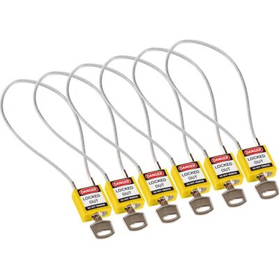 Brady, Vorhängeschloss, kompaktes Sicherheitsschloss Nylon mit Kabelbügel, Gelb, 400mm Kabellänge, 4,7mm PVC-beschic Brady, Vorhängeschloss, kompaktes Sicherheitsschloss Nylon mit Kabelbügel, Gelb, 400mm Kabellänge, 4,7mm PVC-beschic