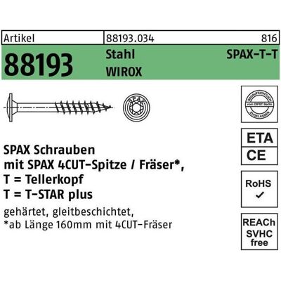 Spax, Schrauben, Tellerkopfschraube R 88193 m.Spitze/T-STAR 6 x 180/65 -T30 Stahl galvanisch verzinkt WIROX (100 Schrauben pro Stück) Spax, Schrauben, Tellerkopfschraube R 88193 m.Spitze/T-STAR 6 x 180/65 -T30 Stahl galvanisch verzinkt WIROX (100 Schrauben pro Stück)
