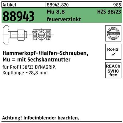 Halfen, Schrauben, Hammerkopfschraube R 88943 6-kantmutter M 16 x 60 Mu 8.8 feuerverzinkt (25 Schrauben pro Stück) Halfen, Schrauben, Hammerkopfschraube R 88943 6-kantmutter M 16 x 60 Mu 8.8 feuerverzinkt (25 Schrauben pro Stück)