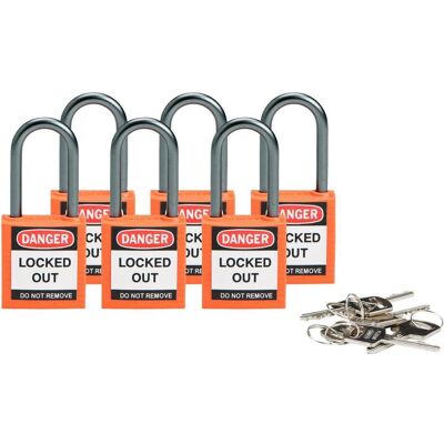 Brady, Vorhängeschloss, kompaktes Sicherheitsschloss Nylon, Orange, 38mm Bügelhöhe, 4,7mm Aluminium-Schliessbügel (Ke Brady, Vorhängeschloss, kompaktes Sicherheitsschloss Nylon, Orange, 38mm Bügelhöhe, 4,7mm Aluminium-Schliessbügel (Ke