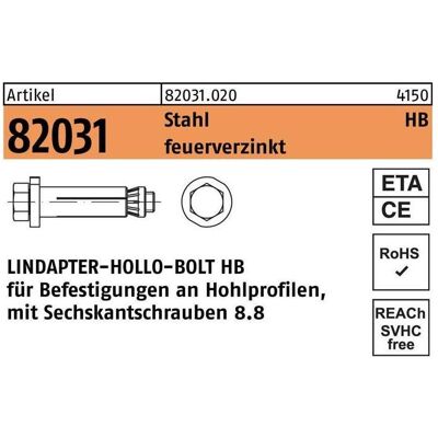 Lindapter, Dübel, Hohlraumdübel R 82031 m.6-kantschraube HB 16-2 (100/50) 8.8 feuerverzinkt (1 Stk.) Lindapter, Dübel, Hohlraumdübel R 82031 m.6-kantschraube HB 16-2 (100/50) 8.8 feuerverzinkt (1 Stk.)