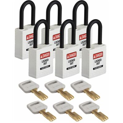 Brady, Vorhängeschloss, Safekey Nylon-Sicherheitsschloss mit Nylonbügel, Weiss, 38 mm Bügelhöhe, 6.4 mm Bügeldurchmes Brady, Vorhängeschloss, Safekey Nylon-Sicherheitsschloss mit Nylonbügel, Weiss, 38 mm Bügelhöhe, 6.4 mm Bügeldurchmes