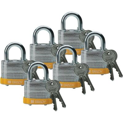 Brady, Vorhängeschloss, laminiertes Stahlvorhängeschloss, Gelb, Stahlbügel, 20 mm Bügelhöhe, Bügeldurchmesser 7 mm ( Brady, Vorhängeschloss, laminiertes Stahlvorhängeschloss, Gelb, Stahlbügel, 20 mm Bügelhöhe, Bügeldurchmesser 7 mm (