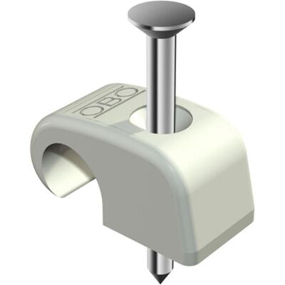 OBO Bettermann, Kabelhalter, Haftclip mit Nagel, lichtgrau, 2x35 mm, für Kabel-Ø 7-12 mm, VPE 100 Stück OBO Bettermann, Kabelhalter, Haftclip mit Nagel, lichtgrau, 2x35 mm, für Kabel-Ø 7-12 mm, VPE 100 Stück