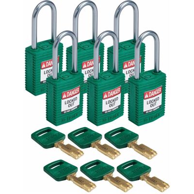 Brady, Vorhängeschloss, Safekey Kompaktes Nylon-Sicherheitsschloss mit Aluminiumbügel, Grün, 38 mm Bügelhöhe, 4.7 mm Brady, Vorhängeschloss, Safekey Kompaktes Nylon-Sicherheitsschloss mit Aluminiumbügel, Grün, 38 mm Bügelhöhe, 4.7 mm