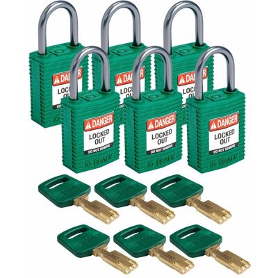 Brady, Vorhängeschloss, Safekey Kompaktes Nylon-Sicherheitsschloss mit Aluminiumbügel, Grün, 25 mm Bügelhöhe, 4.7 mm Brady, Vorhängeschloss, Safekey Kompaktes Nylon-Sicherheitsschloss mit Aluminiumbügel, Grün, 25 mm Bügelhöhe, 4.7 mm