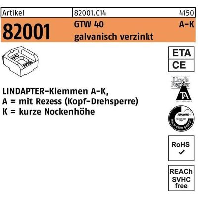 Lindapter, Zubehör Befestigungstechnik, Klemmen R 82001 GTW 40 KM 24 / 9,0 galvanisch verzinkt Lindapter, Zubehör Befestigungstechnik, Klemmen R 82001 GTW 40 KM 24 / 9,0 galvanisch verzinkt