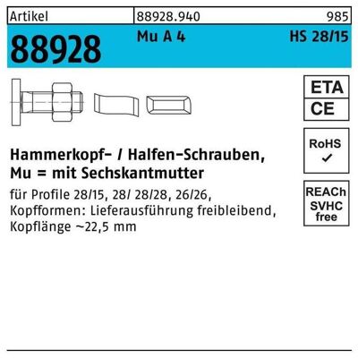 Halfen, Schrauben, Hammerkopfschraube R 88928 Typ 28/15 6-kantmutter M 10 x 40 Mu A 4 (50 Schrauben pro Stück) Halfen, Schrauben, Hammerkopfschraube R 88928 Typ 28/15 6-kantmutter M 10 x 40 Mu A 4 (50 Schrauben pro Stück)