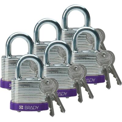 Brady, Vorhängeschloss, laminiertes Stahlvorhängeschloss, Violett, Stahlbügel, 20 mm Bügelhöhe, Bügeldurchmesser 7 m Brady, Vorhängeschloss, laminiertes Stahlvorhängeschloss, Violett, Stahlbügel, 20 mm Bügelhöhe, Bügeldurchmesser 7 m