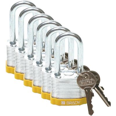 Brady, Vorhängeschloss, laminiertes Stahlvorhängeschloss, Gelb, Stahlbügel, 38 mm Bügelhöhe, Bügeldurchmesser 7 mm ( Brady, Vorhängeschloss, laminiertes Stahlvorhängeschloss, Gelb, Stahlbügel, 38 mm Bügelhöhe, Bügeldurchmesser 7 mm (