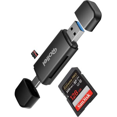 Rollei 2 in 1 Kartenlesegerät SD, microSD (USB 3.0), Speicherkartenlesegerät, Schwarz Rollei 2 in 1 Kartenlesegerät SD, microSD (USB 3.0), Speicherkartenlesegerät, Schwarz