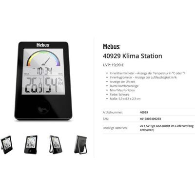 Mebus Thermo-/Hygrometer, Thermometer + Hygrometer, Schwarz Mebus Thermo-/Hygrometer, Thermometer + Hygrometer, Schwarz