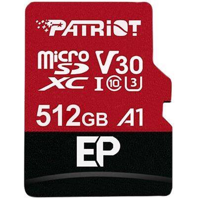 Patriot EP V30 Speicherkarte MicroSDXC (512 GB, microSDXC, U3, UHS-I), Speicherkarte, Rot, Schwarz Patriot EP V30 Speicherkarte MicroSDXC (512 GB, microSDXC, U3, UHS-I), Speicherkarte, Rot, Schwarz