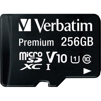 Verbatim MicroSDXC Class 10 UHS-I mit Adapter (256 GB, microSDXC, U1, UHS-I), Speicherkarte, Schwarz Verbatim MicroSDXC Class 10 UHS-I mit Adapter (256 GB, microSDXC, U1, UHS-I), Speicherkarte, Schwarz