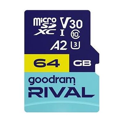 Goodram microSDXC 64GB V30 A2 UHS I U3 RIVAL + adapter (64 GB, microSDXC, U3, UHS-I), Speicherkarte, Blau Goodram microSDXC 64GB V30 A2 UHS I U3 RIVAL + adapter (64 GB, microSDXC, U3, UHS-I), Speicherkarte, Blau