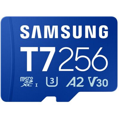Samsung SD MicroSD Card 256GB SDXC T7 Reader (Class10) retail (256 GB, microSDXC, U3, UHS-I), Speicherkarte, Blau Samsung SD MicroSD Card 256GB SDXC T7 Reader (Class10) retail (256 GB, microSDXC, U3, UHS-I), Speicherkarte, Blau