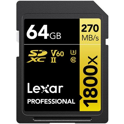 Lexar Pro 1800x SDXC R270/W180 64GB U3 (V60) UHS-II (64 GB, SDXC, U3, UHS-II), Speicherkarte, Schwarz Lexar Pro 1800x SDXC R270/W180 64GB U3 (V60) UHS-II (64 GB, SDXC, U3, UHS-II), Speicherkarte, Schwarz