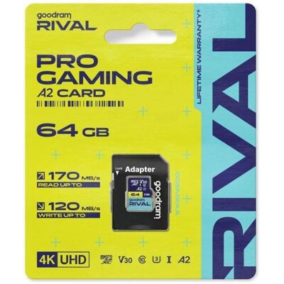 Goodram microSDXC 64GB V30 A2 UHS I U3 RIVAL + adapter (64 GB, microSDXC, U3, UHS-I), Speicherkarte, Blau Goodram microSDXC 64GB V30 A2 UHS I U3 RIVAL + adapter (64 GB, microSDXC, U3, UHS-I), Speicherkarte, Blau