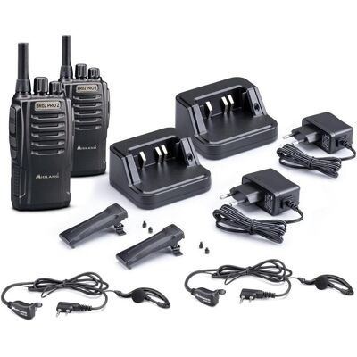 Midland Zwei Funkgeräte mit Ladegeräten und zwei Mikrofon-Kopfhörern, Walkie Talkie Midland Zwei Funkgeräte mit Ladegeräten und zwei Mikrofon-Kopfhörern, Walkie Talkie