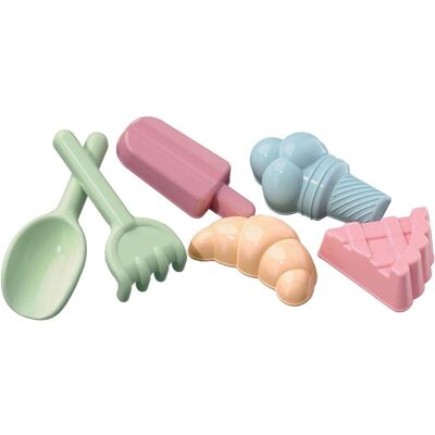 Androni Süssigkeiten-Sandförmchen mit Schaufel und Harke, 6-tlg. Androni Süssigkeiten-Sandförmchen mit Schaufel und Harke, 6-tlg.
